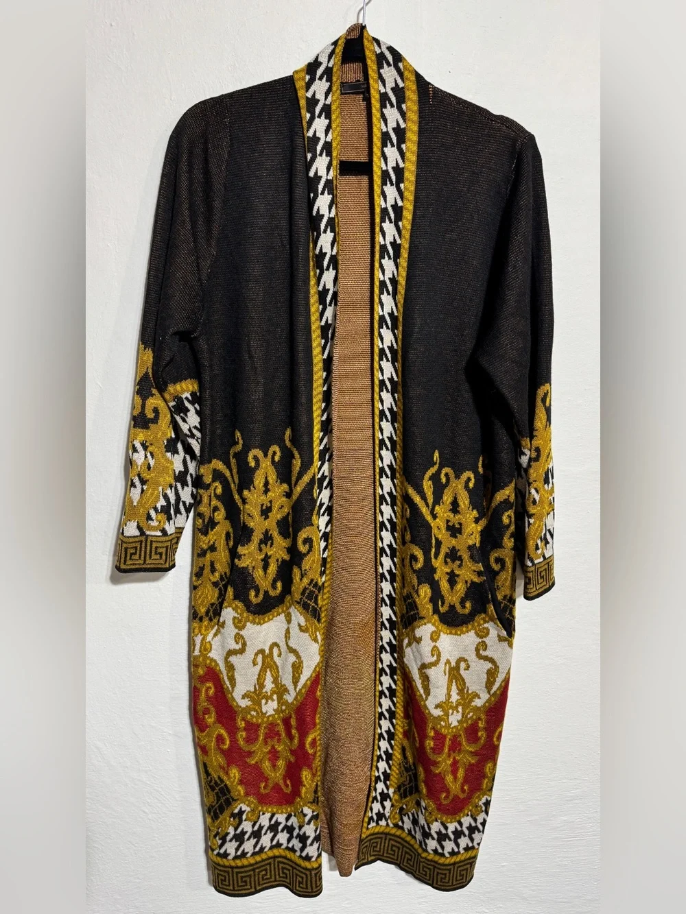 MAXSPORT Long Black & Gold Patterned Open Cardigan Sweater LARGE